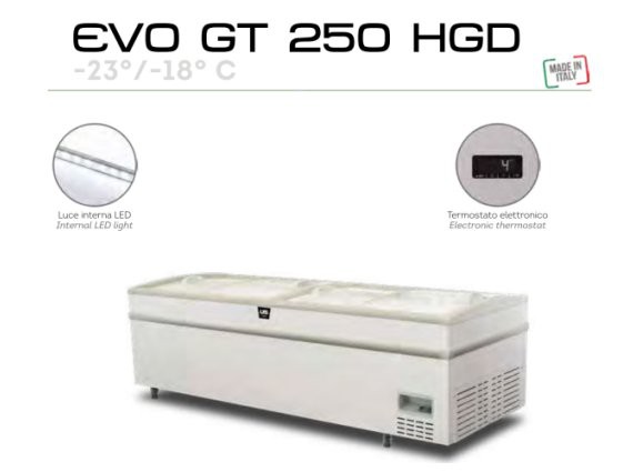GT EVO 250 HGD. Isola a vetri scorrevoli da 2.5 mt. Temperatura -18/-23° LED